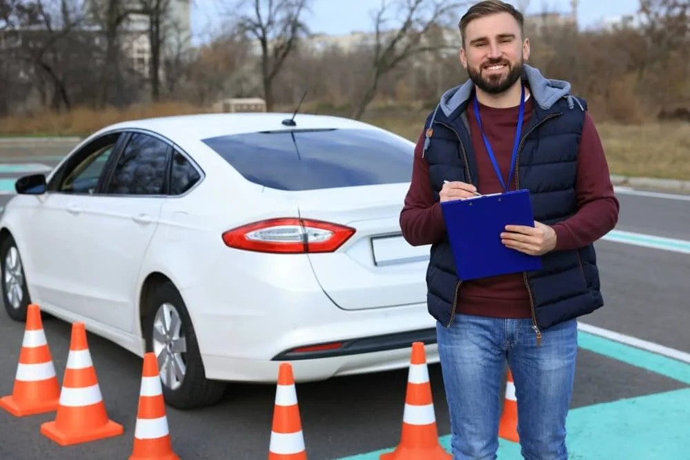 Moderator bei der WAB Moderatoren Ausbildung mit Klemmbrett vor Fahrzeug